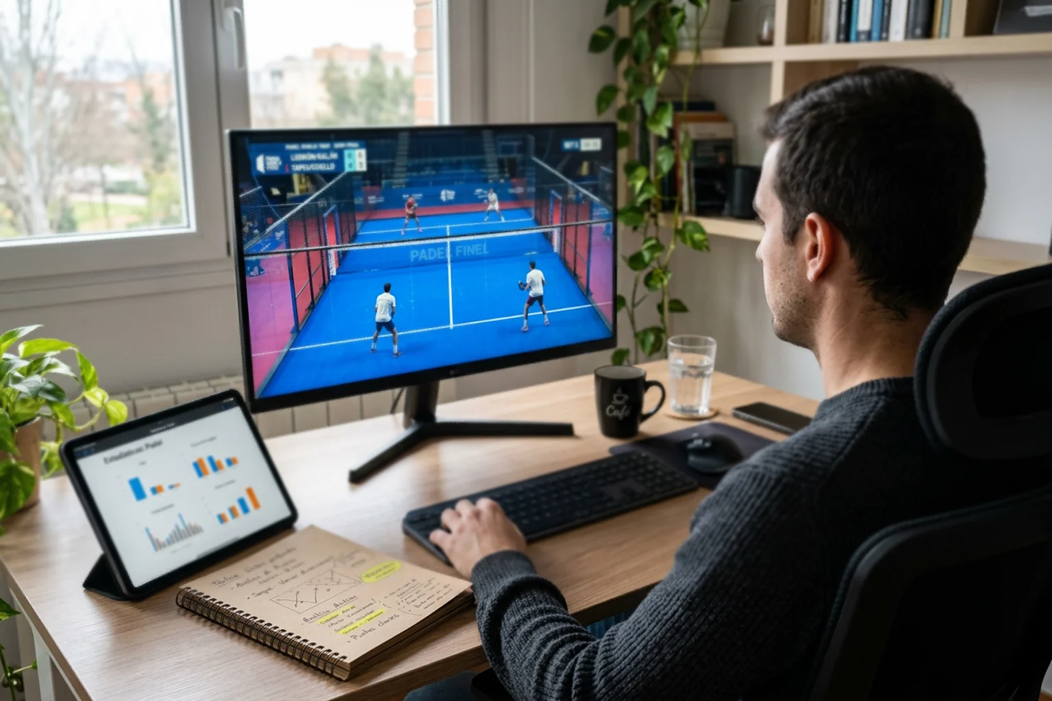 Persona realizando análisis previo de partidos de pádel con estadísticas y vídeo