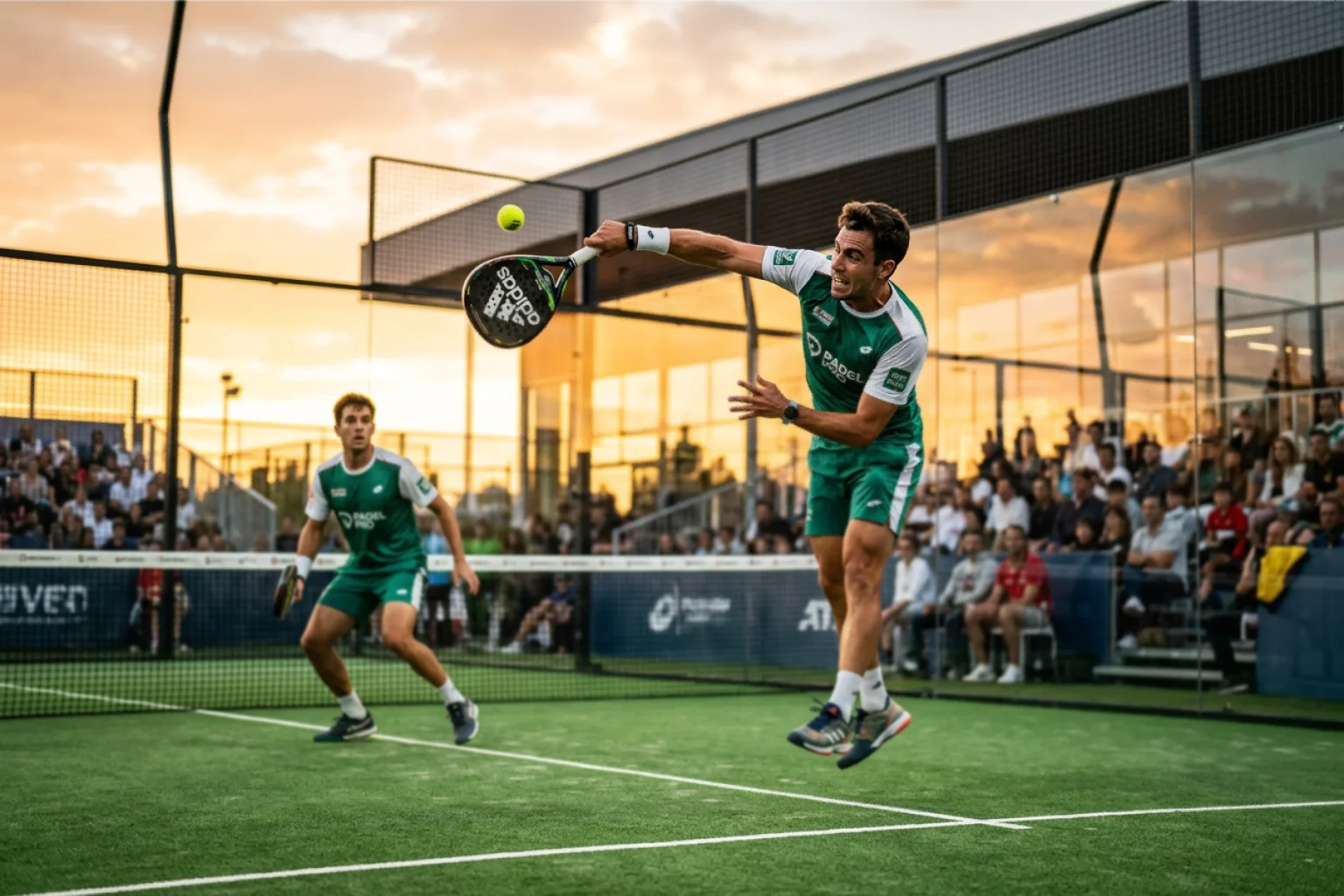 Partido profesional de pádel con dos jugadores en acción dinámica en una pista moderna iluminada al atardecer