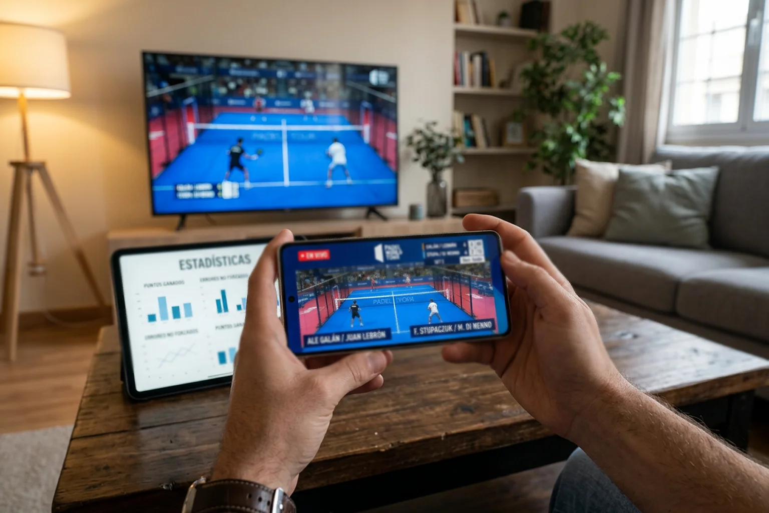 Experiencia de apuestas en vivo con múltiples pantallas mostrando partido de pádel en tiempo real