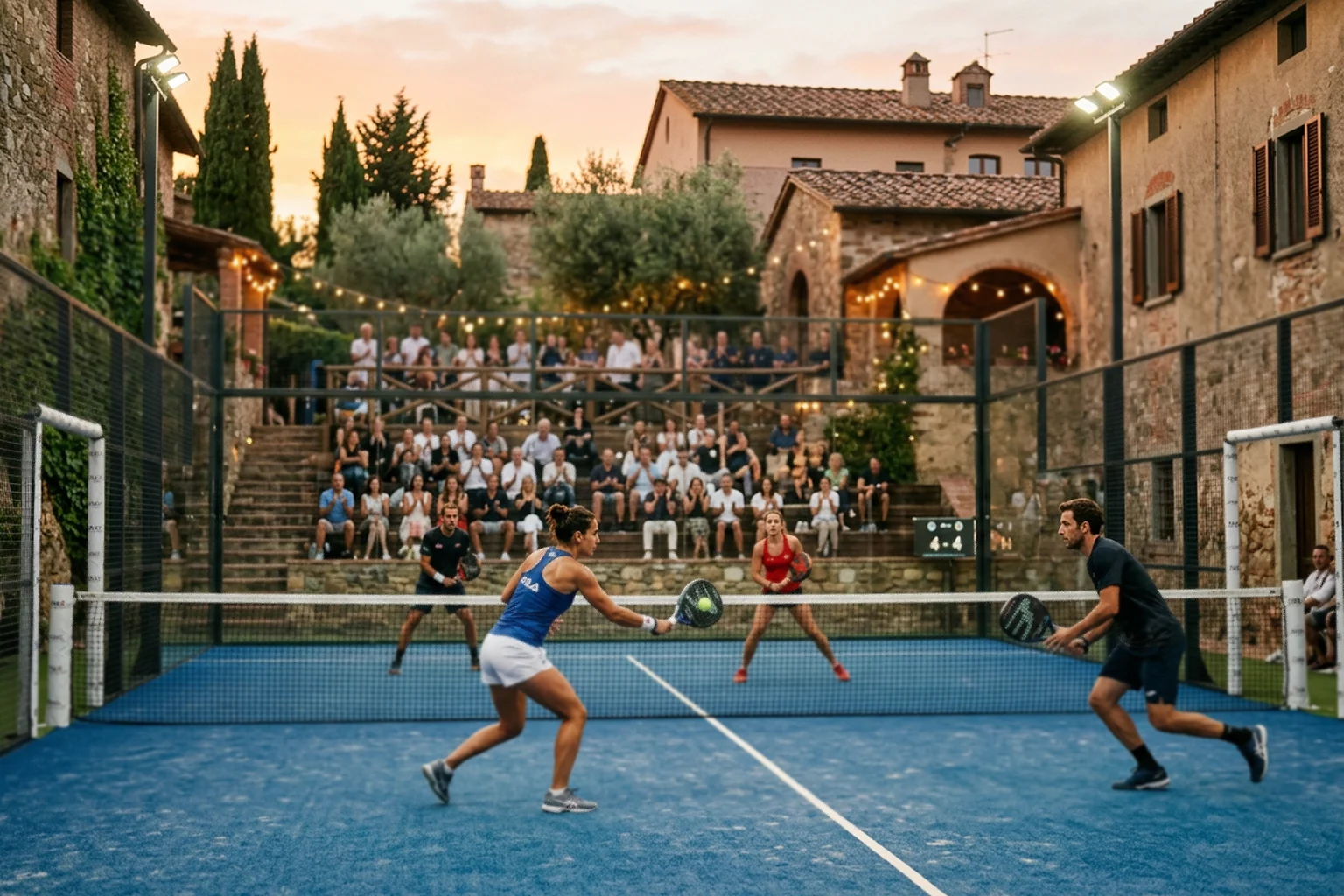 Partido profesional de pádel en Italia con arquitectura mediterránea de fondo al atardecer