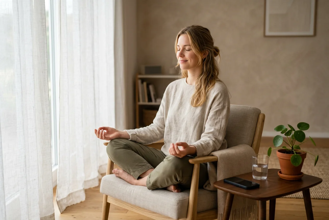 Persona en pose de calma y control mental representando disciplina emocional del apostador