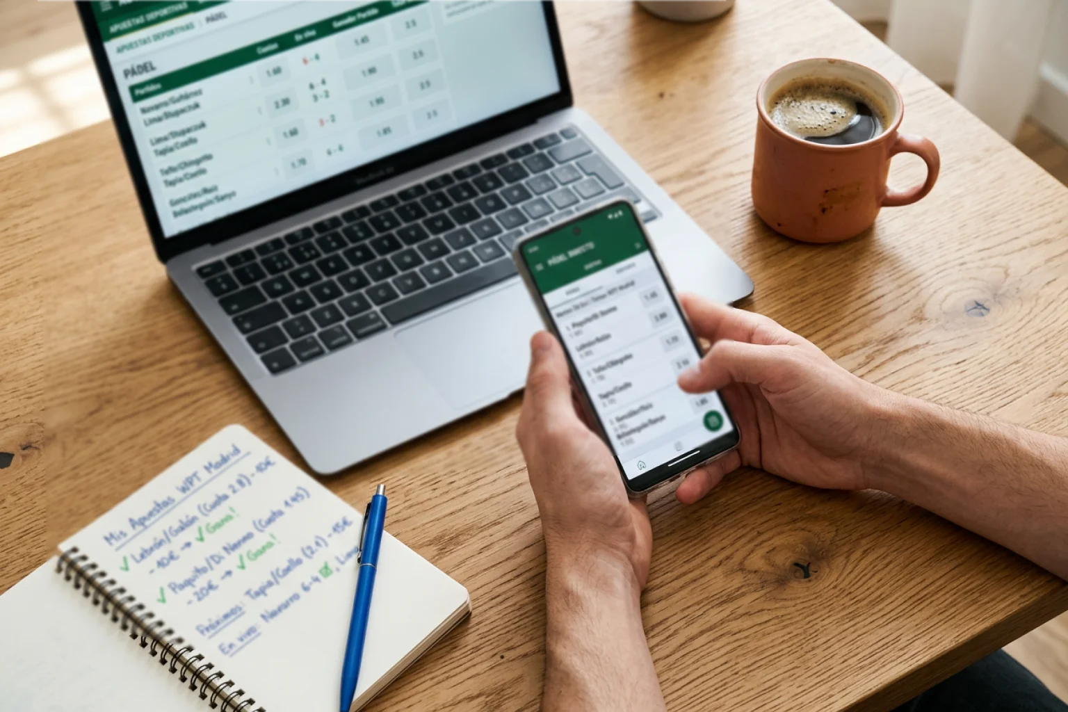 Espacio de trabajo con dispositivos mostrando proceso de investigación de casas de apuestas