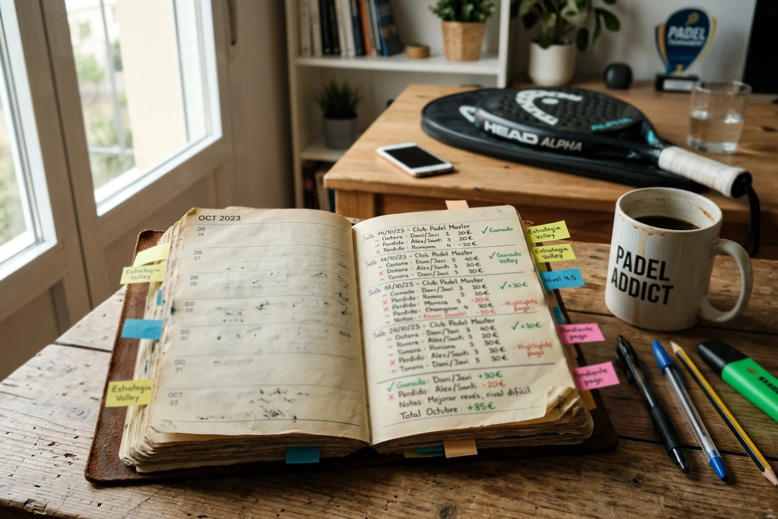 Cuaderno de registro personal de apuestas con anotaciones y sistema de seguimiento organizado