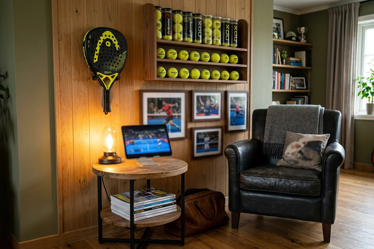 Rincón de aficionado dedicado al pádel con memorabilia y espacio de seguimiento del deporte