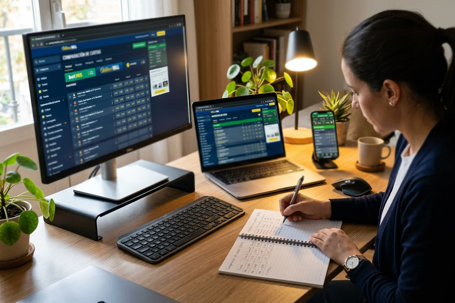 Escritorio con múltiples dispositivos mostrando diferentes plataformas de apuestas para comparación