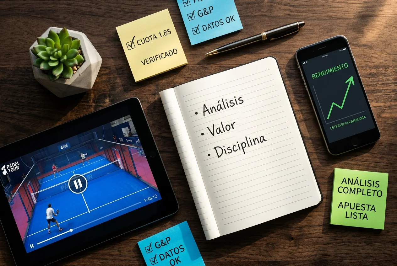 Vista cenital de escritorio con cuaderno de análisis, smartphone mostrando gráfico ascendente y tablet con partido de pádel