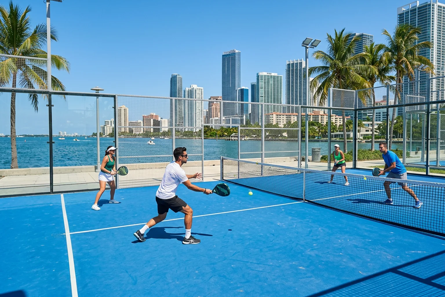 Complejo de pistas de pádel profesional en Miami con palmeras y skyline de fondo