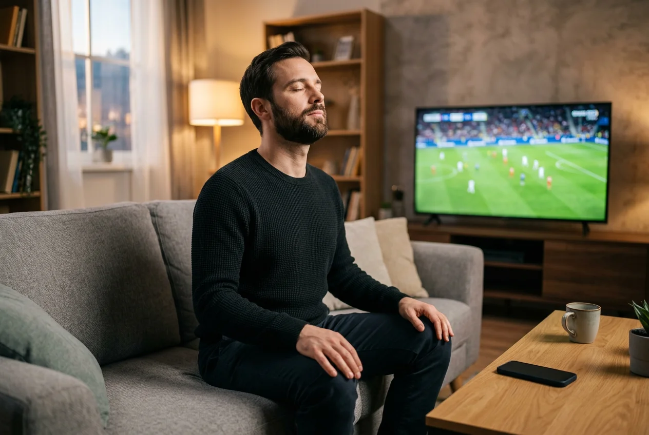 Persona practicando autocontrol y disciplina durante sesión de apuestas en vivo con teléfono apartado