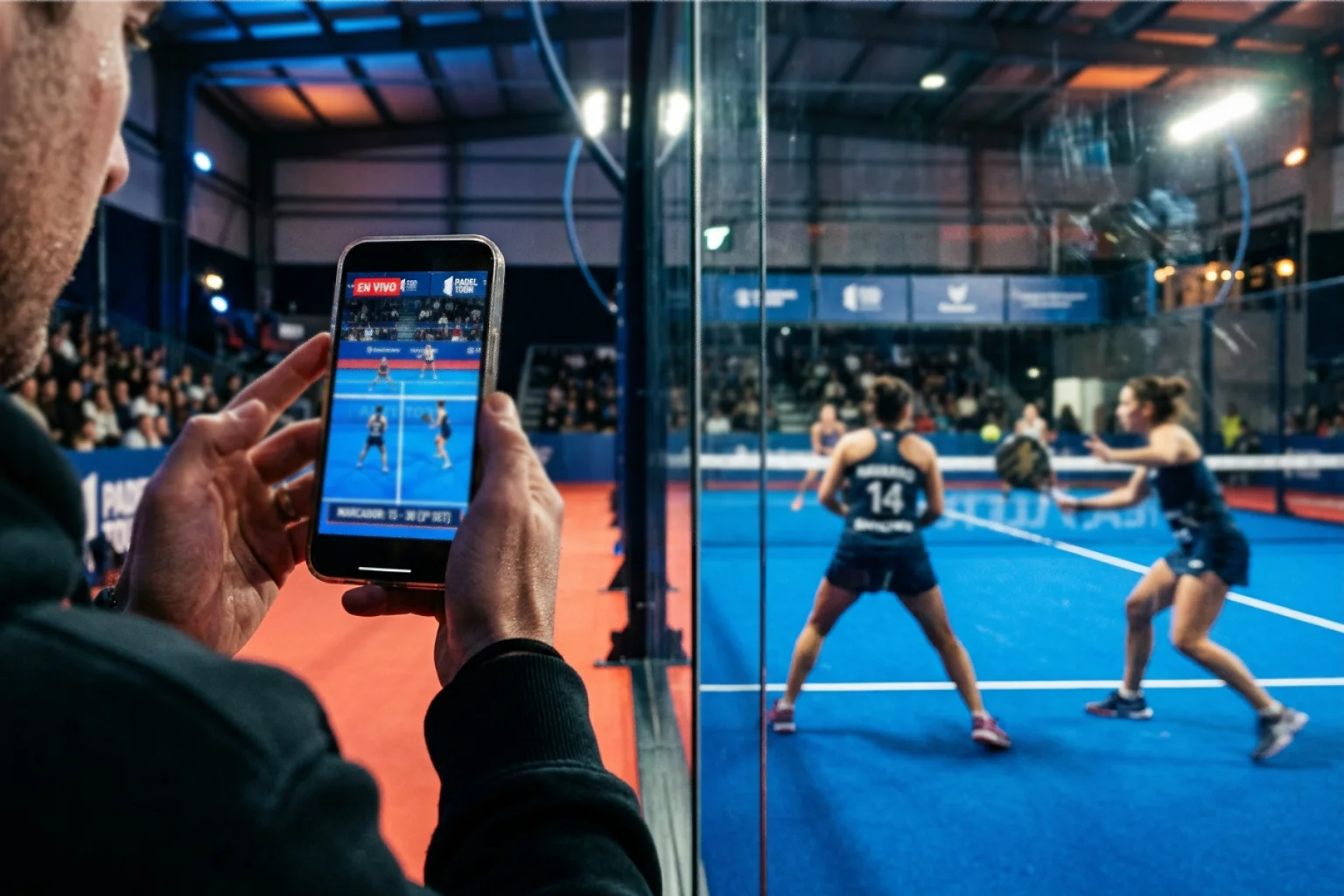 Experiencia intensa de apuestas en vivo de pádel con smartphone mostrando partido en tiempo real