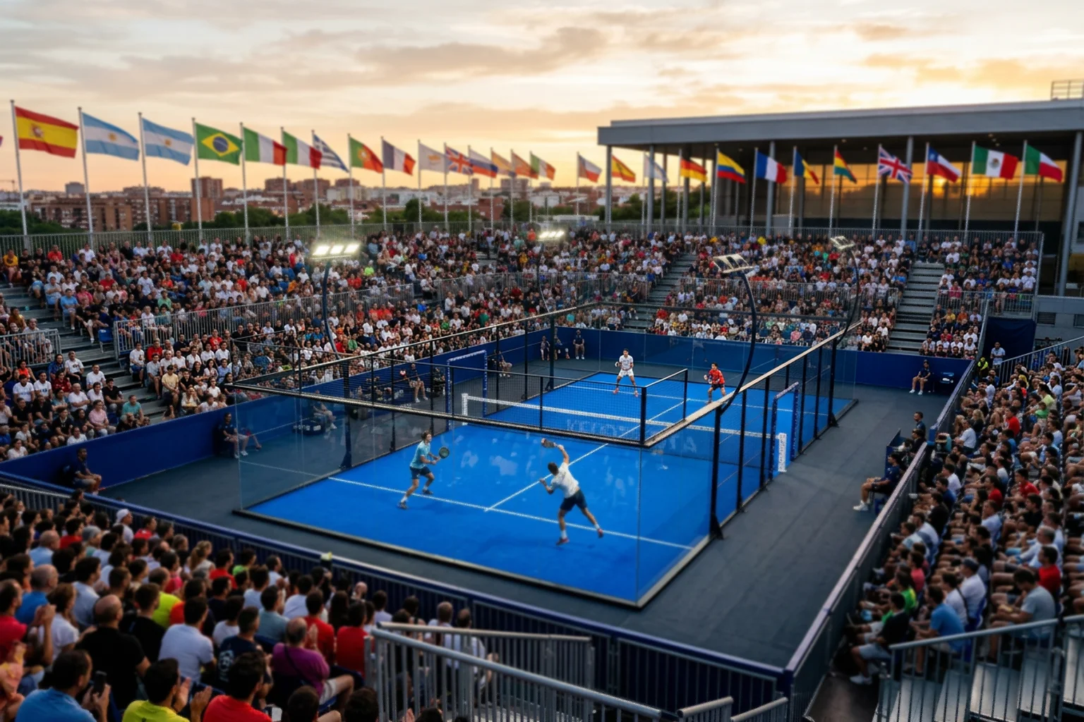 Estadio profesional de pádel durante torneo internacional con público y jugadores en acción