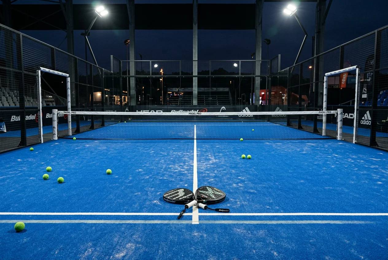 Pista profesional de pádel con raquetas y pelotas simbolizando las múltiples opciones de mercados de apuestas