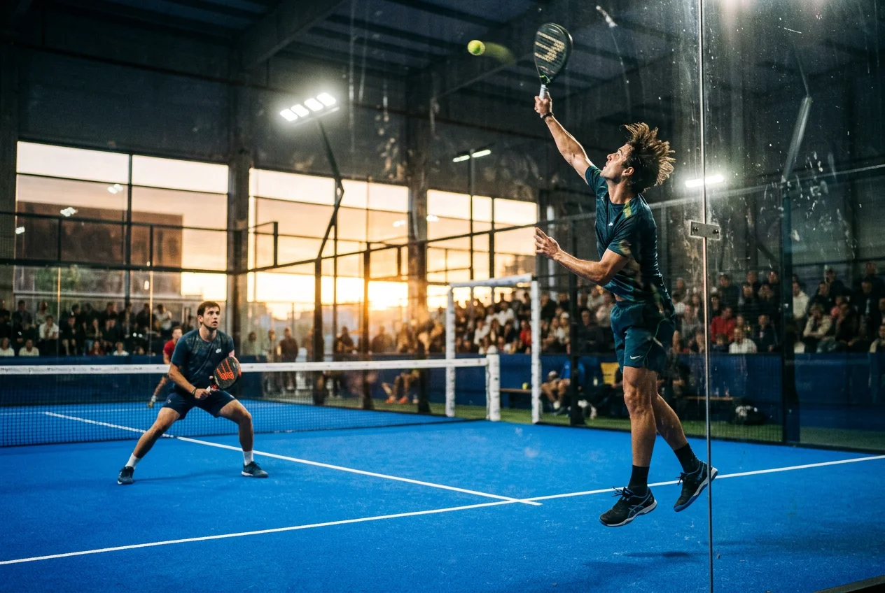 Partido profesional de pádel en acción con jugadores compitiendo en pista