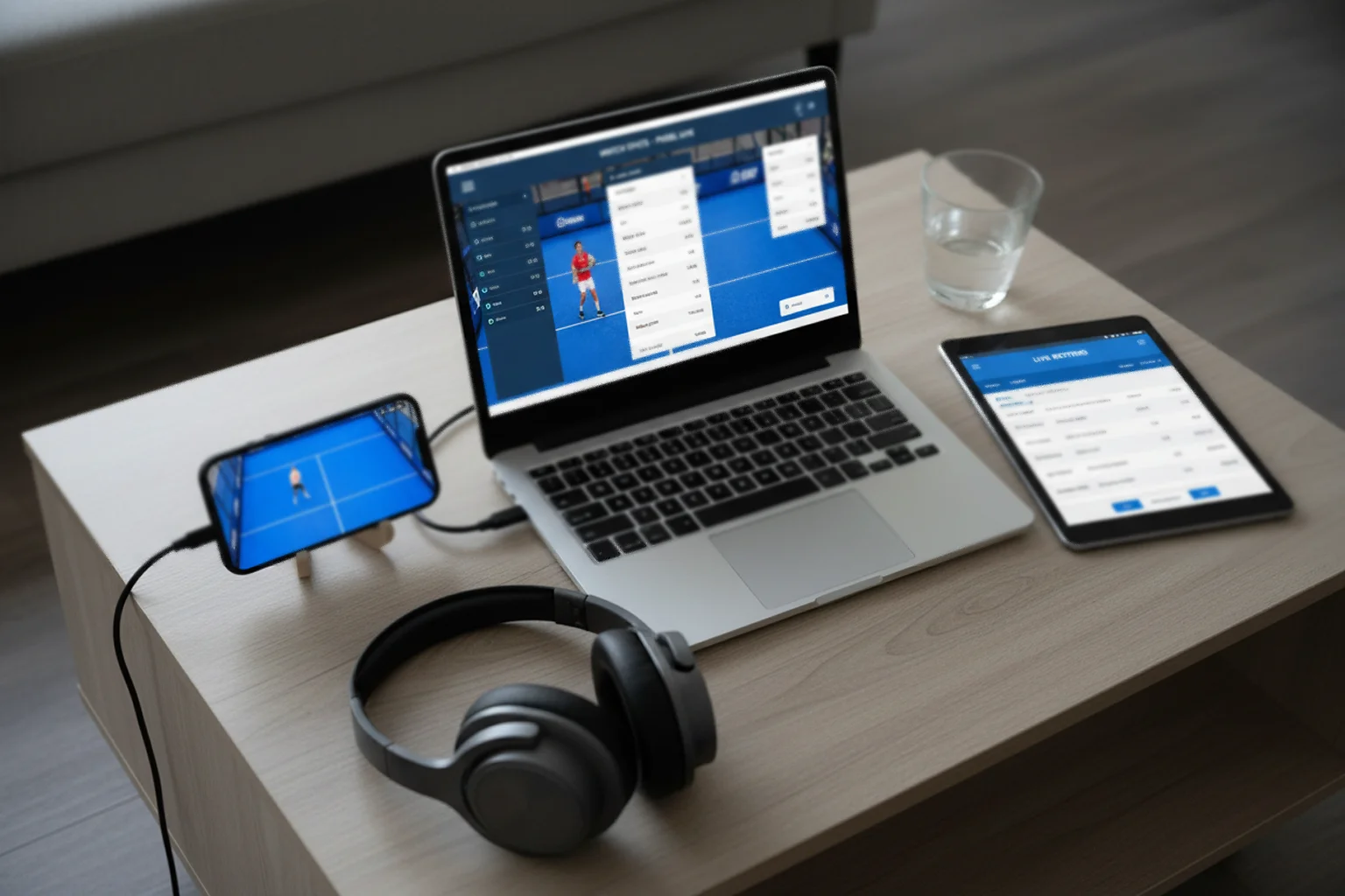 Setup completo para apuestas en vivo con smartphone tablet y portátil mostrando partido y estadísticas