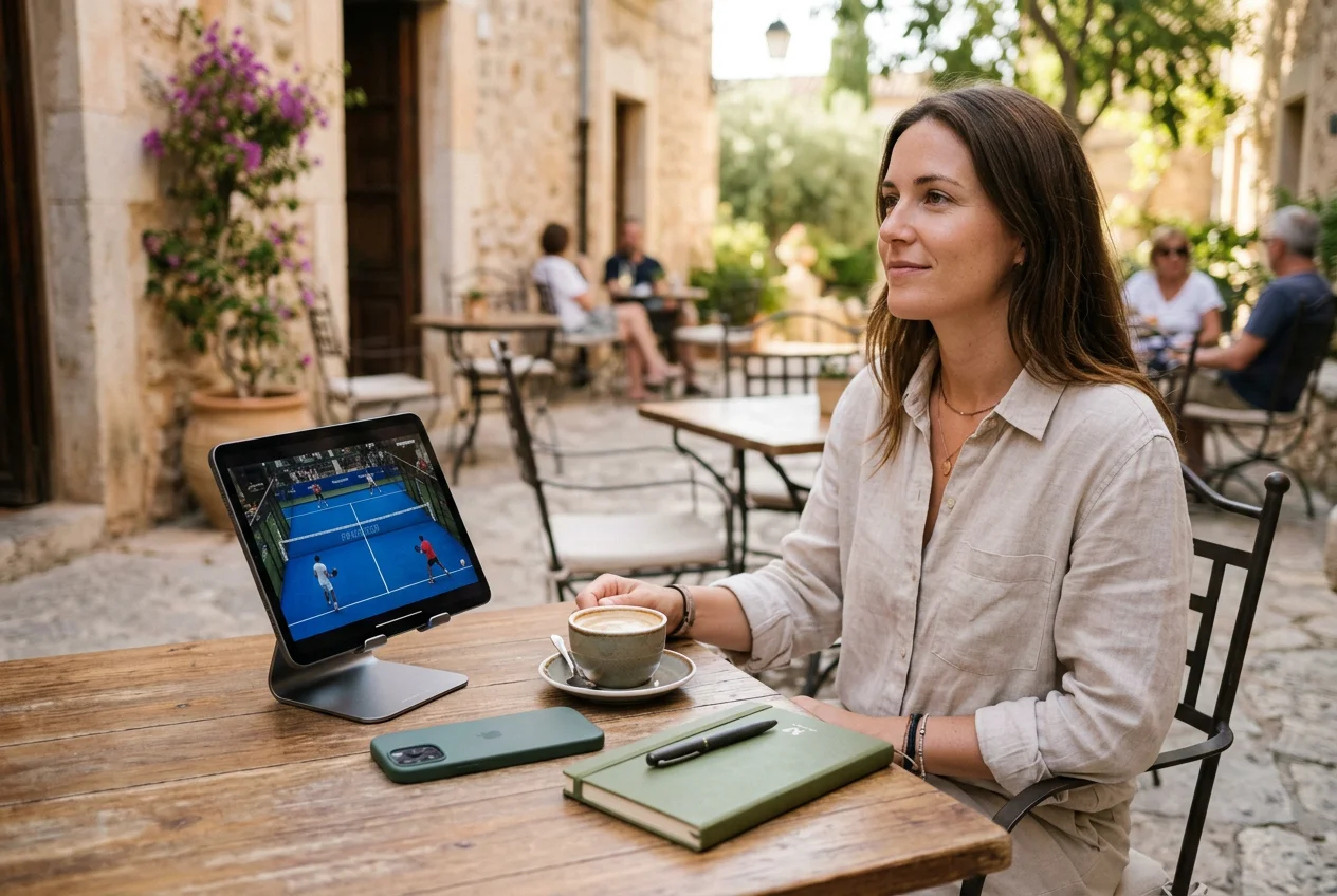 Persona relajada en terraza de café disfrutando de apuestas deportivas como entretenimiento equilibrado