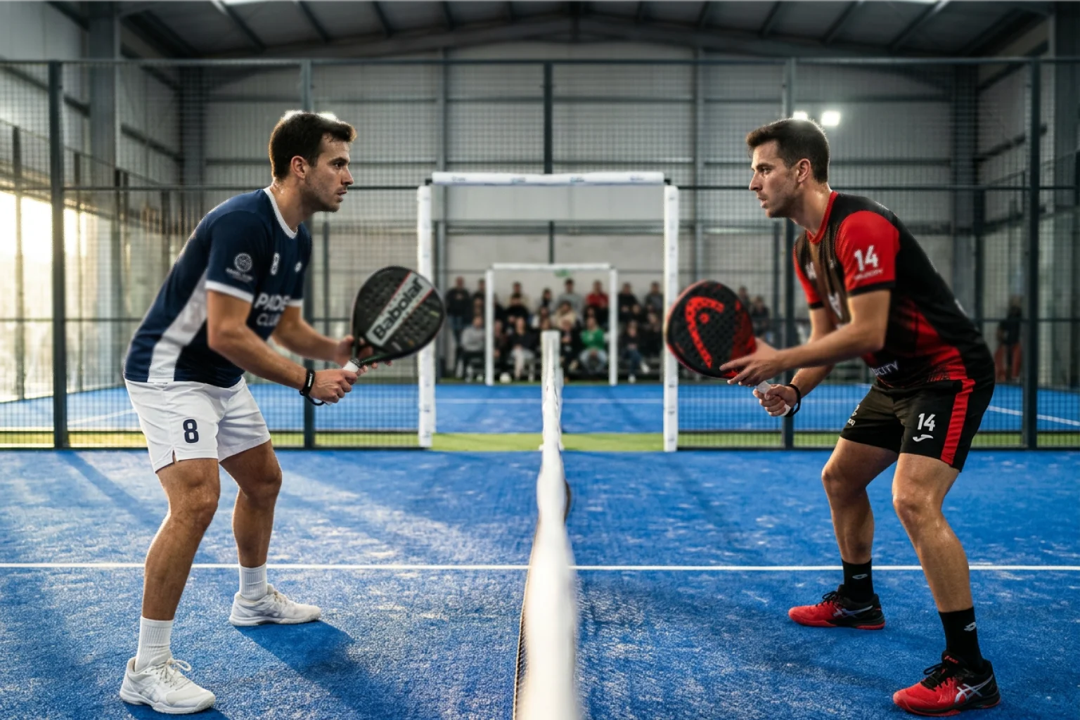 Dos jugadores de pádel profesionales enfrentados en la red simbolizando la elección del ganador