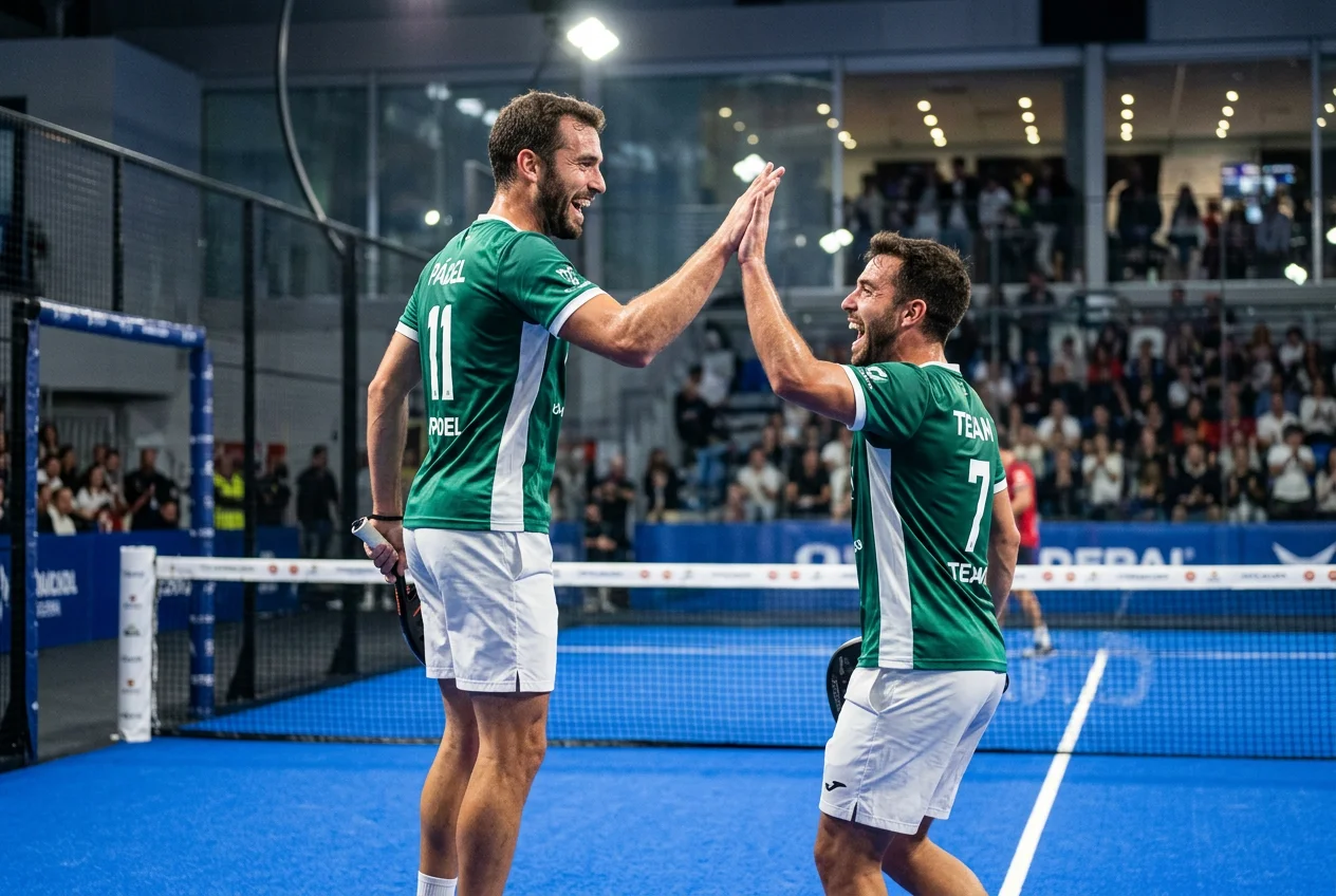 Dos jugadores profesionales de pádel celebrando un punto con choque de manos en una pista indoor moderna