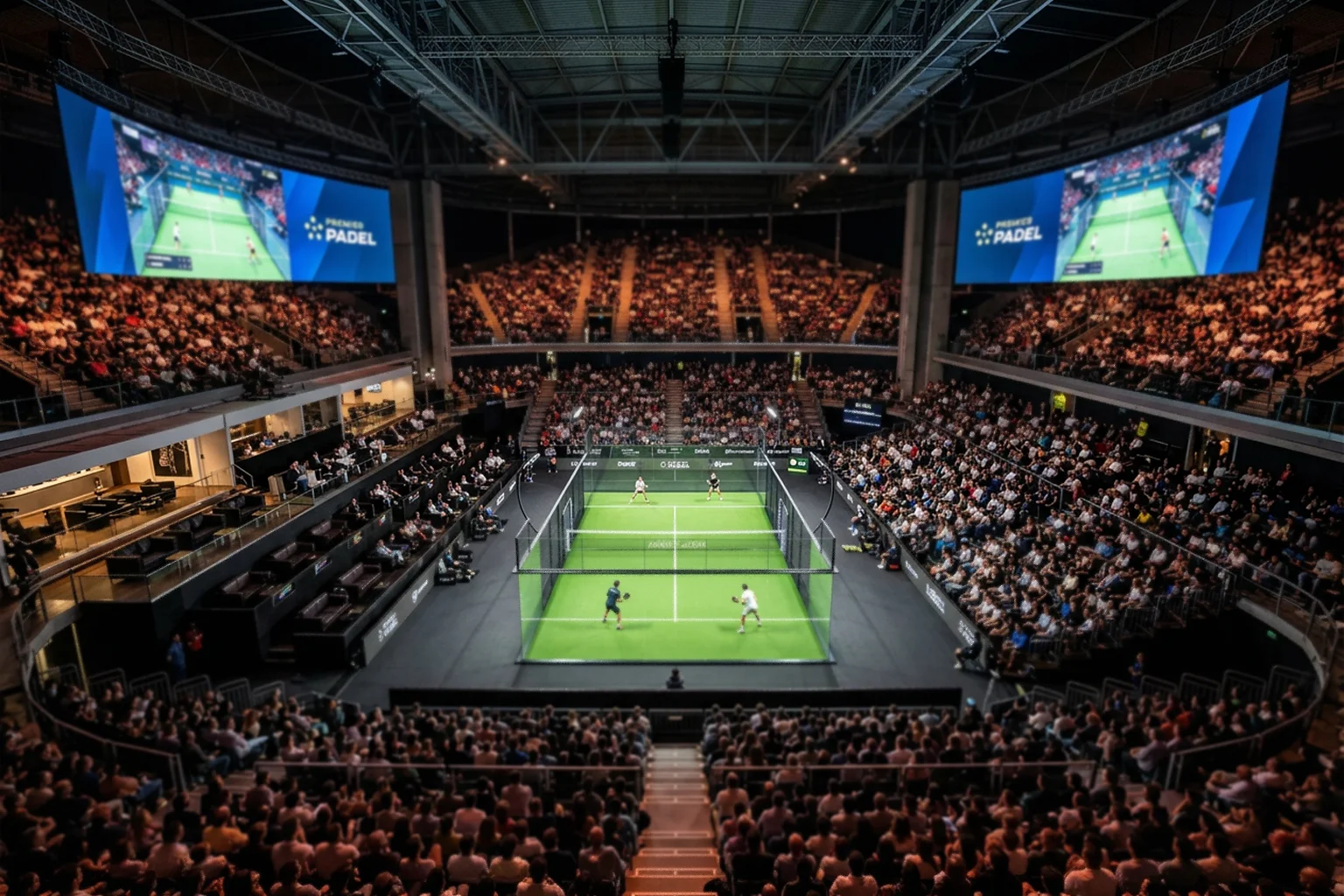 Vista aérea de un estadio Premier Padel Major lleno de espectadores con pista de cristal iluminada profesionalmente