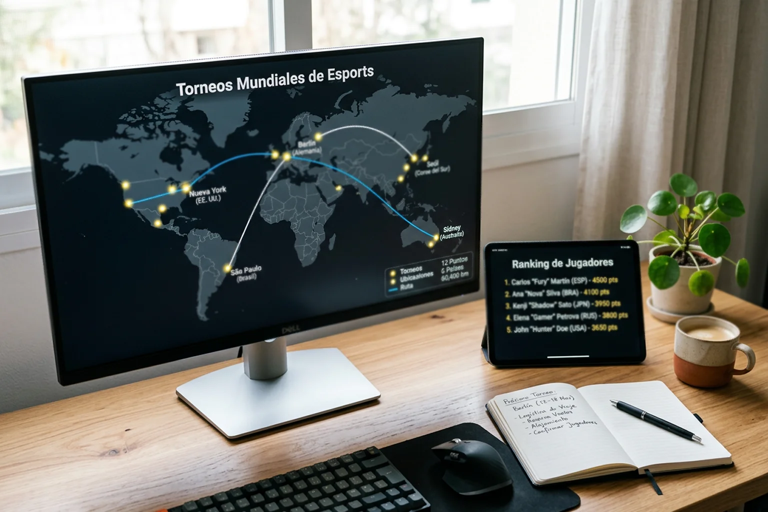 Escritorio organizado con monitor mostrando mapa mundial de sedes de torneos y notas de planificación