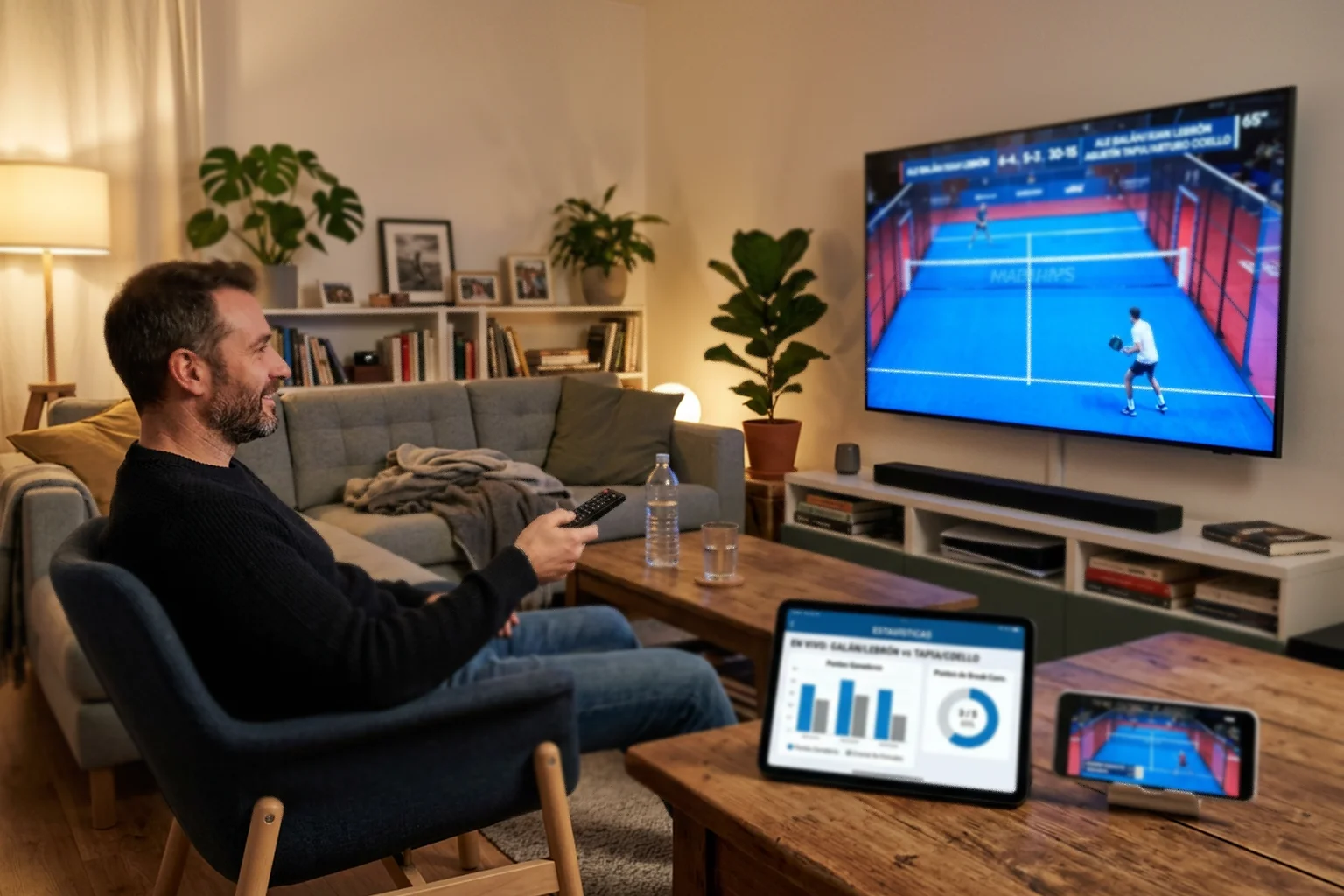 Salón moderno con televisión y dispositivos mostrando partidos de pádel en directo