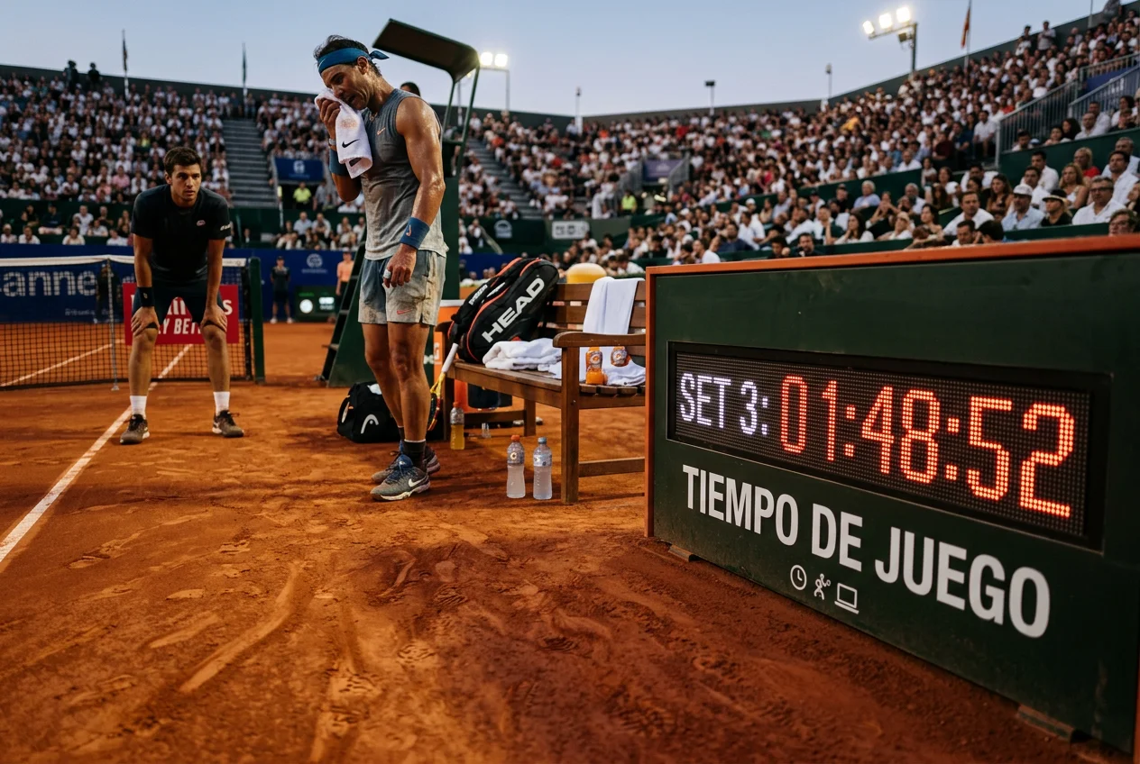 Escena de partido de pádel largo con jugadores descansando mostrando la duración del encuentro
