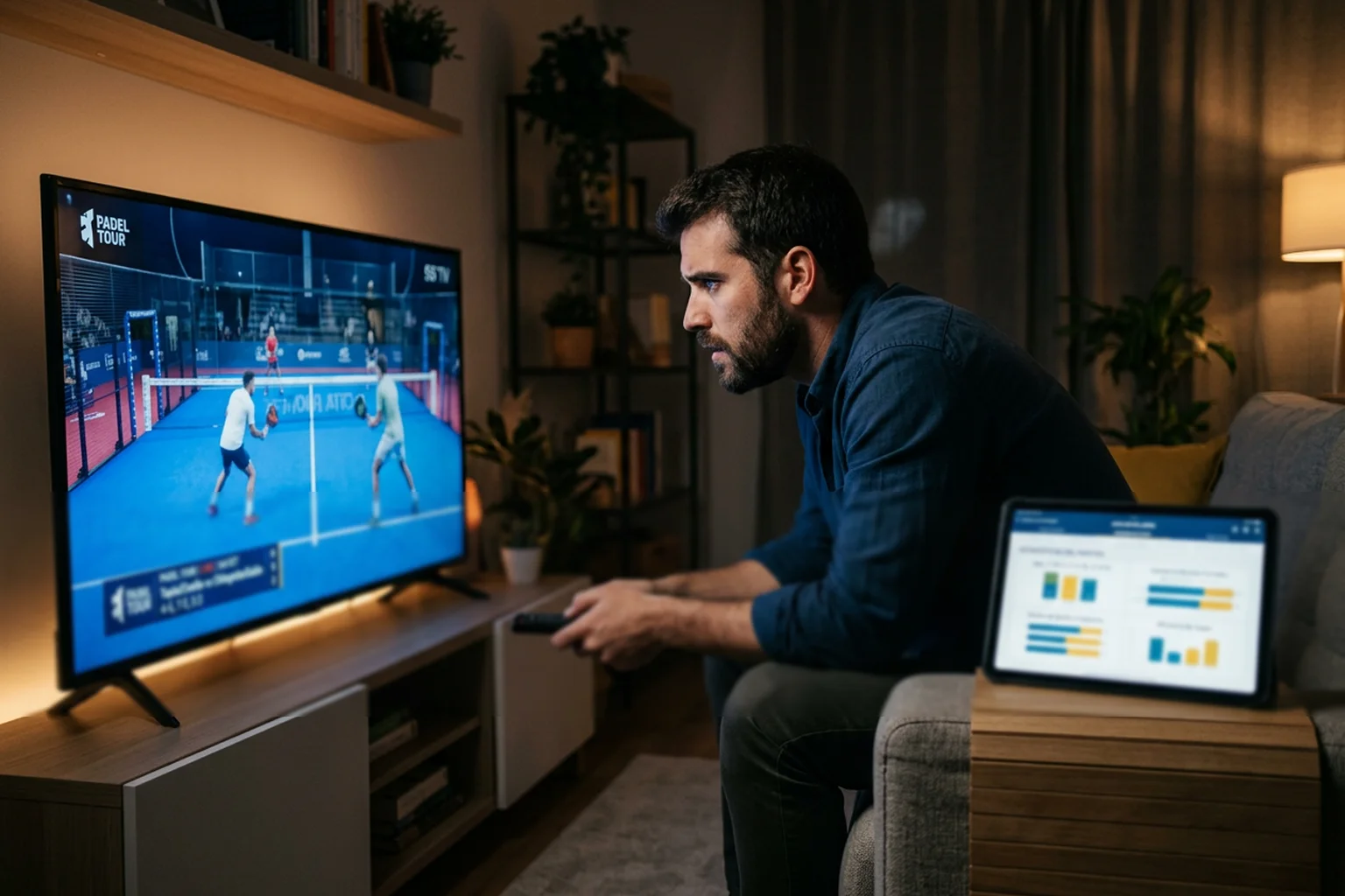 Espectador analizando partido de pádel en televisión con tablet mostrando estadísticas en tiempo real